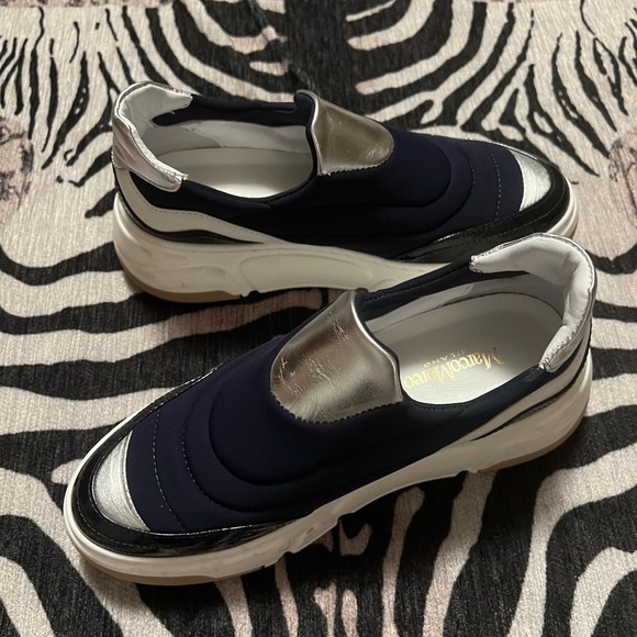 Navy blue platform canvas and leather sneakers - Picture 2 of 5